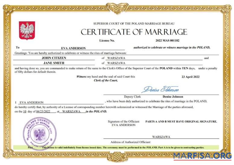 Realistic Poland marriage certificate Word and PDF template